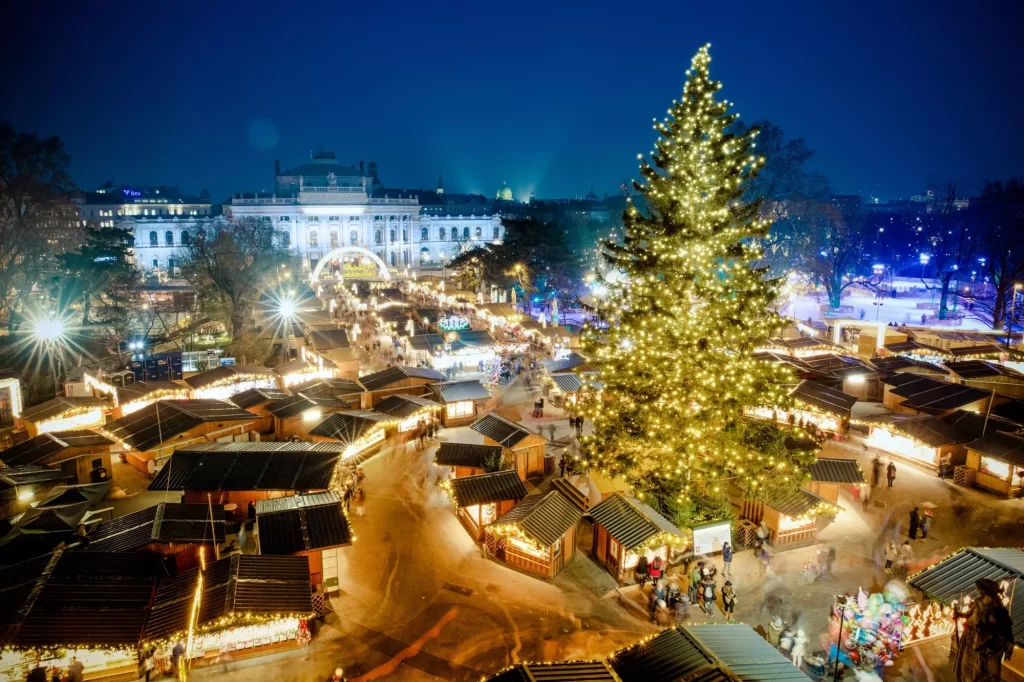 Vienna traditional Christmas Market 2016, aerial view at blue hour (sunset). Wien, Austria, Europe.