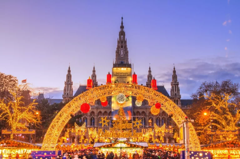 Paysage urbain festif - vue du monde de Noël de Vienne et de l'hôtel de ville de Vienne (Wiener Rathaus) sur la Rathausplatz, Autriche