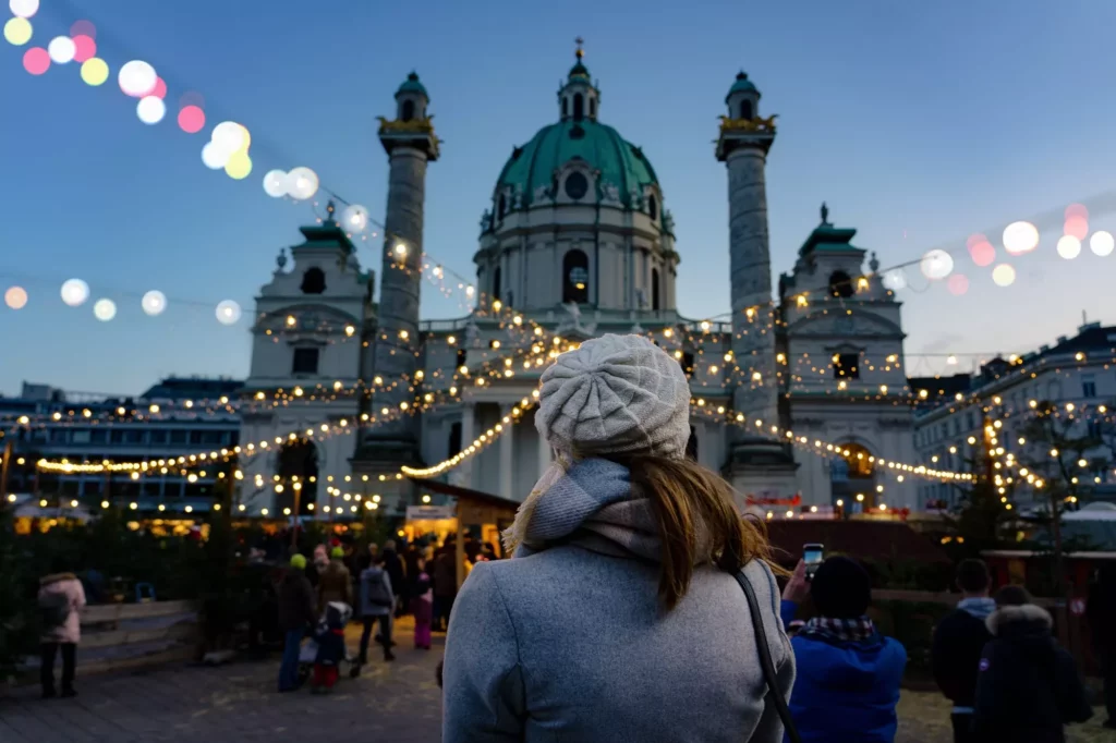 art christmas advent market in Vienna at the Karsplatz with many people
