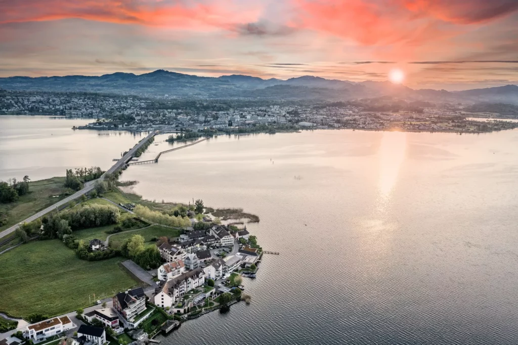 beautiful sunset  over the lake  zurich